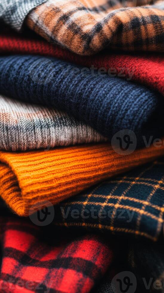 A vibrant collection of freshly folded knitted sweaters stacked neatly on a soft background ready for autumn wear photo