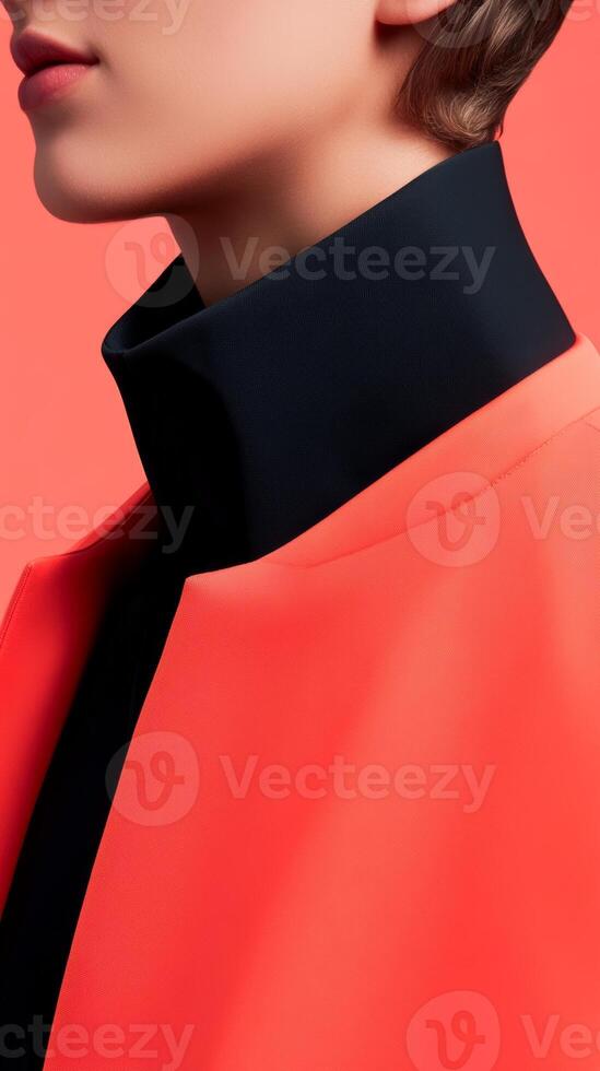 A close-up of a modern fashion jacket with a vibrant coral outer layer and a contrasting black high collar on a neutral backdrop photo