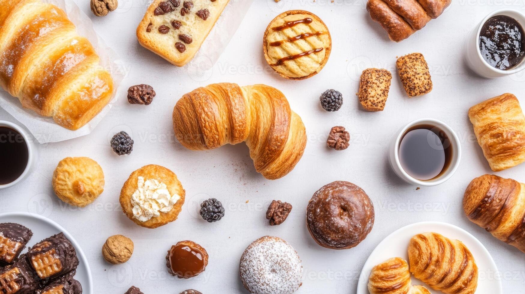 A delightful arrangement of assorted pastries and coffee cups on a table, perfect for a morning treat or afternoon snack photo