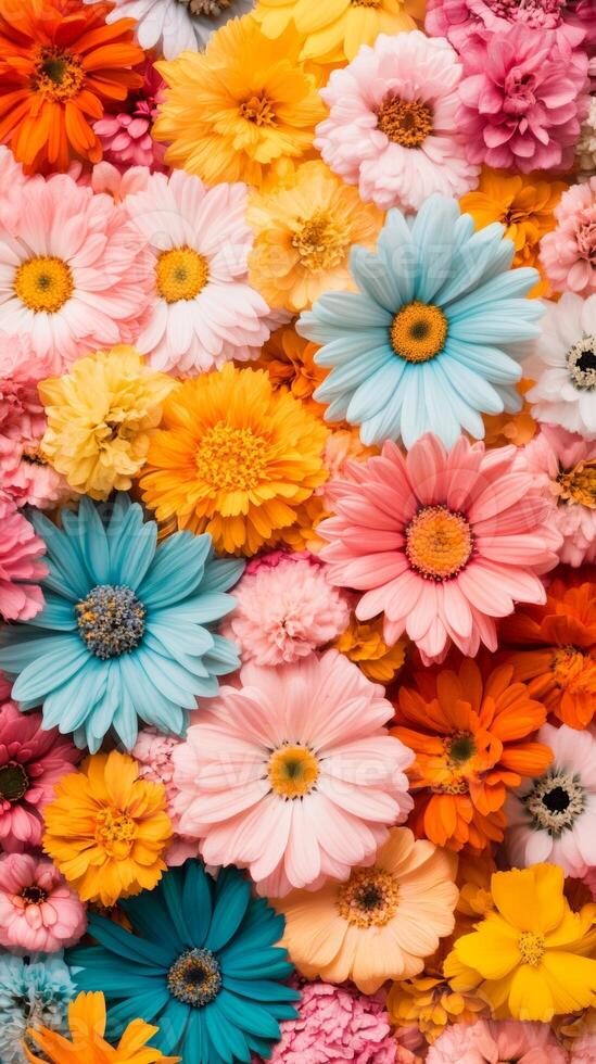 A vibrant display of colorful flowers in a variety of shapes and sizes filling the frame in a cheerful arrangement photo