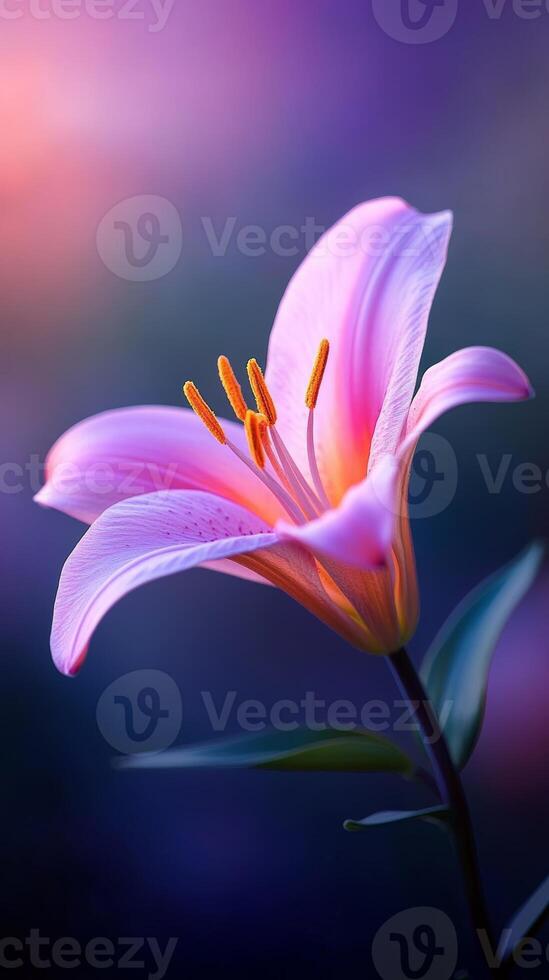 Beautiful pink lily blooms softly in the morning light against a gentle blurred background photo
