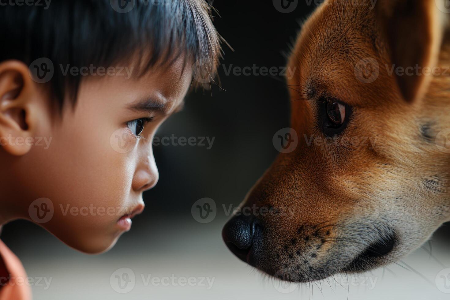A child and a dog share a moment of connection while playfully staring at each other photo