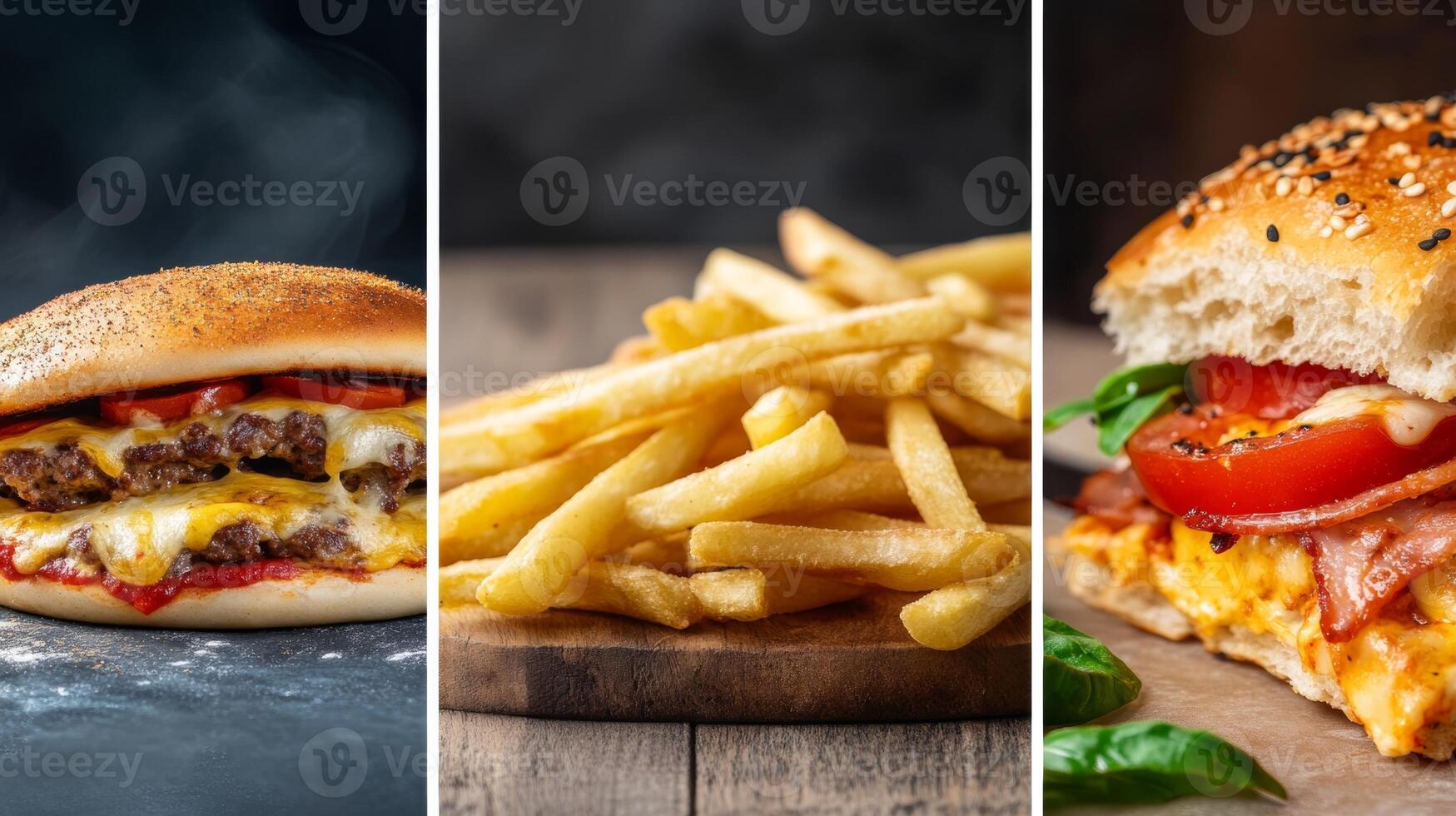 A delicious spread of burgers with melted cheese, crispy fries, and a fresh sandwich displayed on wooden surfaces in a cozy setting photo