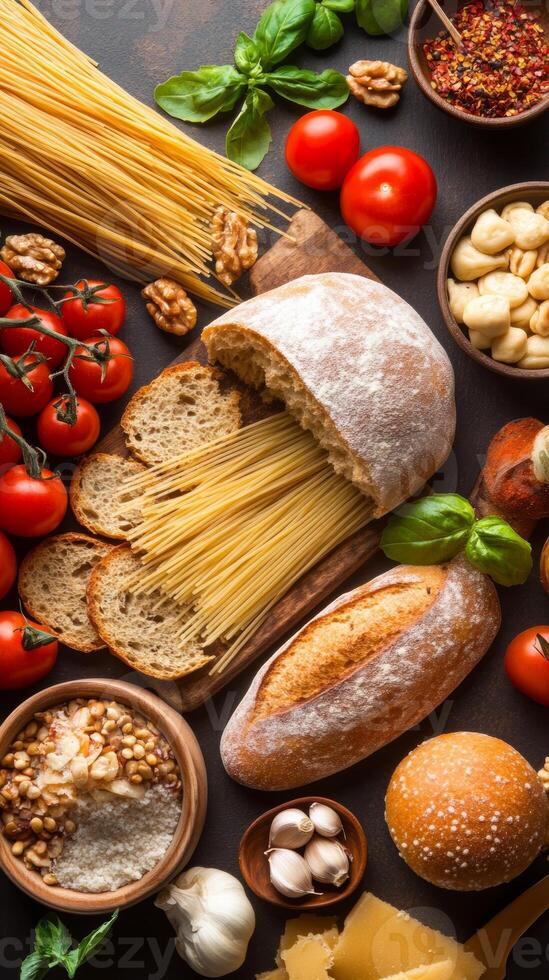 A delicious assortment of fresh ingredients for Italian cuisine featuring bread, tomatoes, and pasta on a rustic wooden table photo