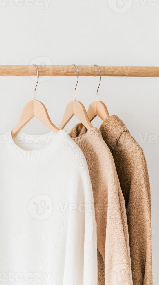 Cozy sweaters in neutral colors hanging on a wooden rack against a light wall background photo