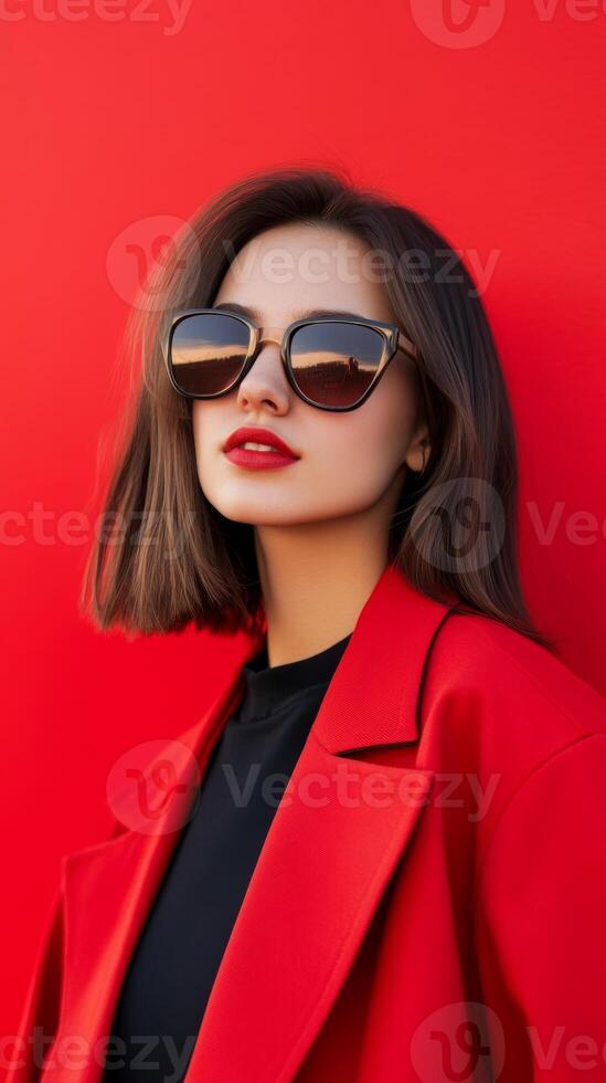 A woman with a modern hairstyle poses confidently against a vibrant red background, wearing stylish sunglasses and a bold red jacket photo