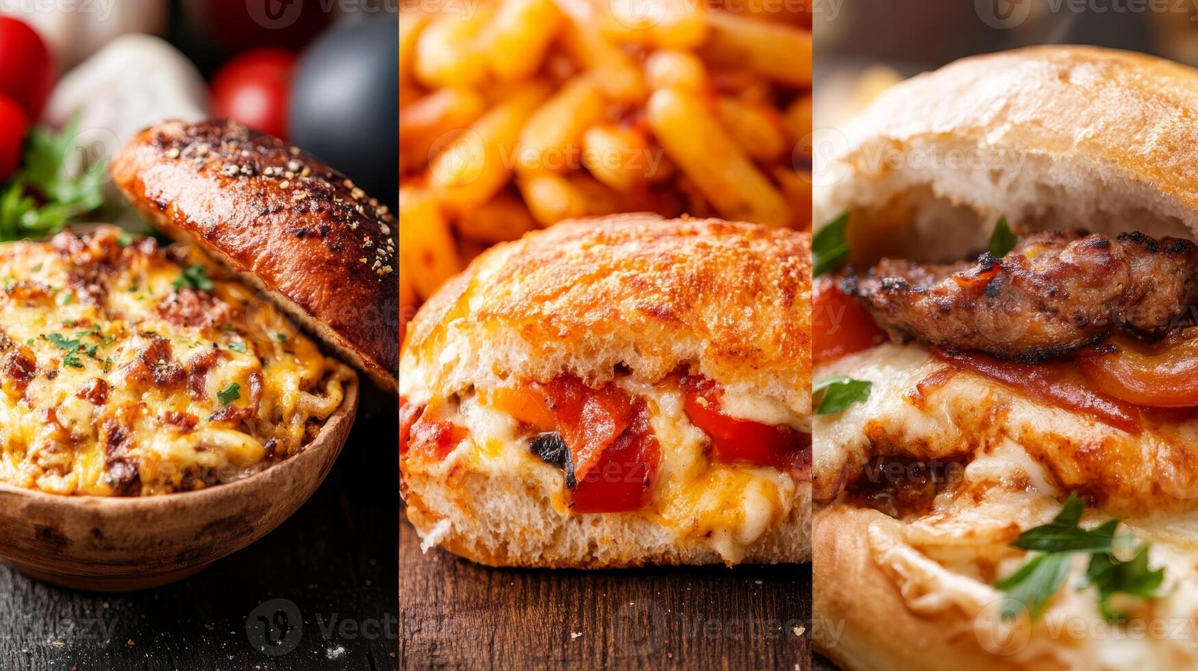 Delicious dishes featuring baked pasta, grilled chicken sandwich, and savory bread with roasted vegetables on a wooden table photo