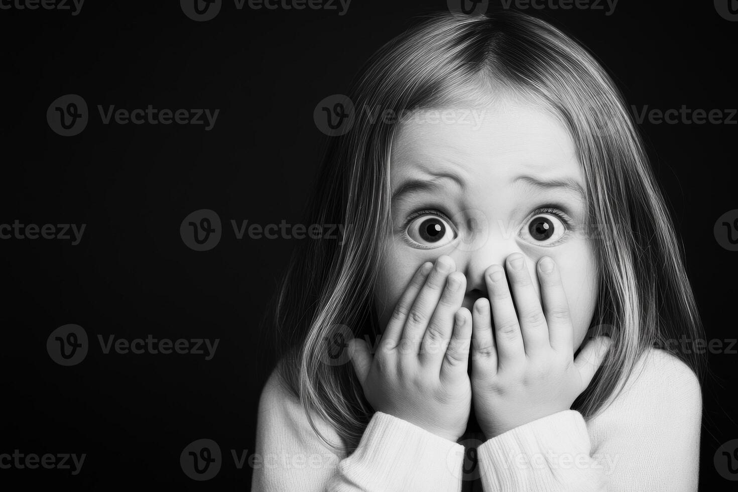 A young girl with wide eyes covering her face, expressing surprise or fear in a dramatic black and white setting photo