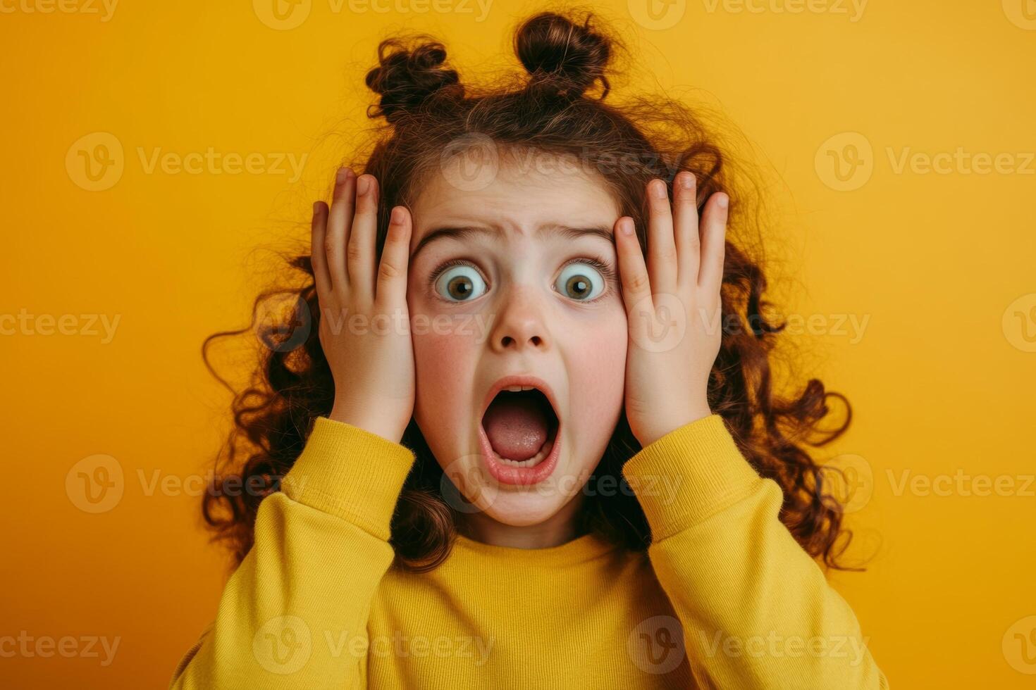 A young girl with curly hair expresses shock and surprise against a bright yellow background while wearing a cozy yellow sweater photo