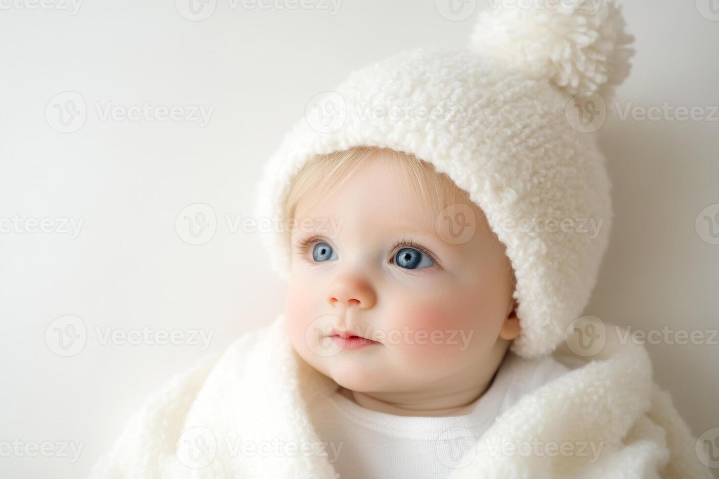 Sweet baby dressed in fluffy white hat and blanket against a neutral background photo