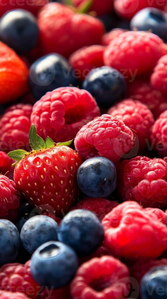 A vibrant assortment of fresh red raspberries, strawberries, and blueberries displayed together in a colorful arrangement photo