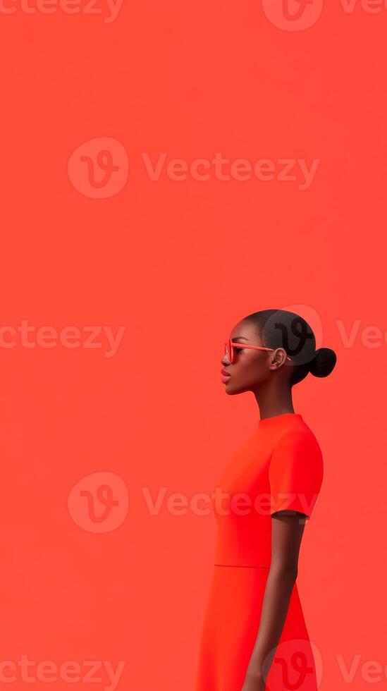 A woman in a striking red outfit stands confidently, showcasing bold fashion choices photo