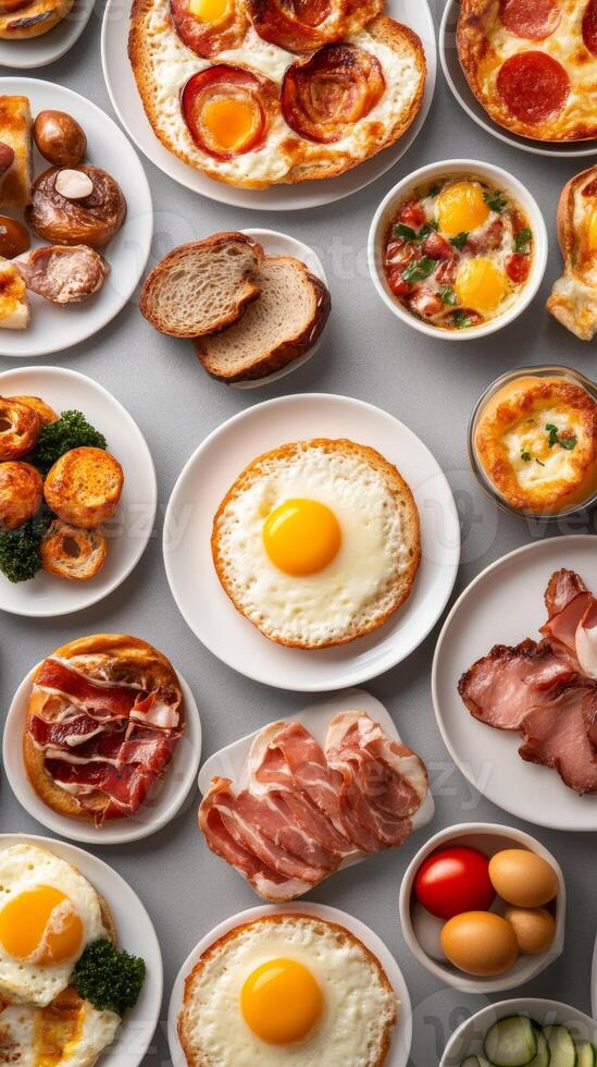An abundant breakfast spread featuring eggs, meats, and breads arranged on a table ready for a delightful morning meal photo
