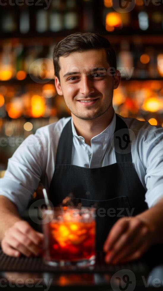Friendly bartender smiling while serving a cocktail at a dimly lit bar during a lively evening photo