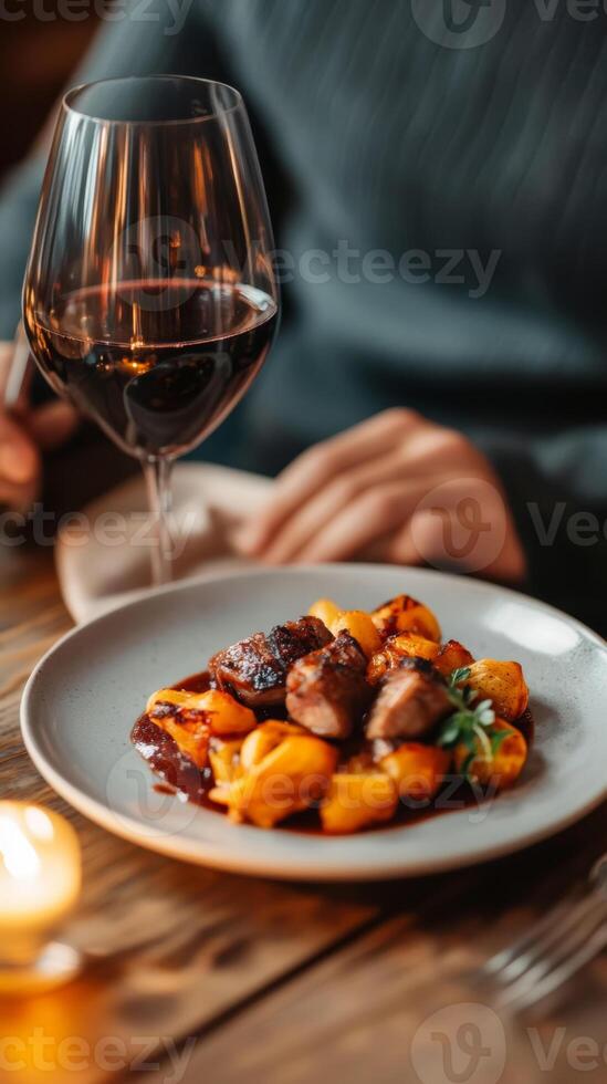 A cozy dinner featuring gourmet gnocchi and red wine at an intimate restaurant during an autumn evening photo
