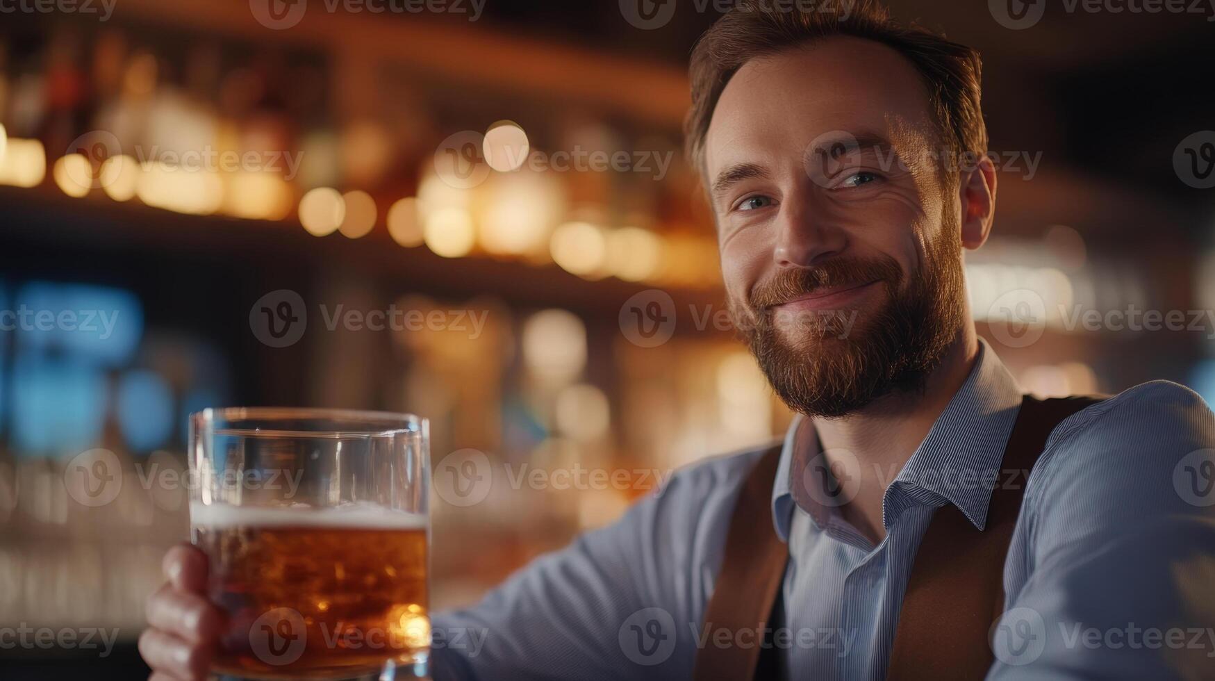 A smiling bartender enjoying a large glass of beer in a cozy bar during the evening photo