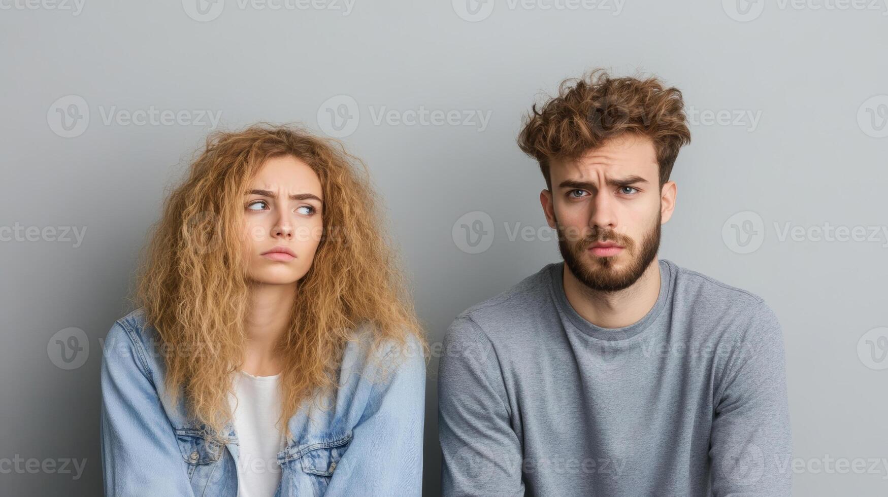 Couple sitting with expressions of disagreement while facing forward against a neutral gray background photo
