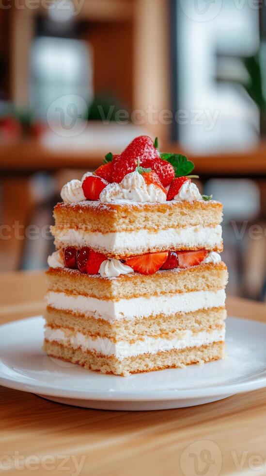 Delicious layer cake with fresh strawberries and whipped cream on a wooden table in a cozy cafe setting photo