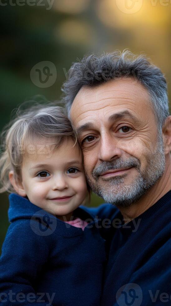 A grandfather embraces his smiling granddaughter in a serene outdoor setting during golden hour photo