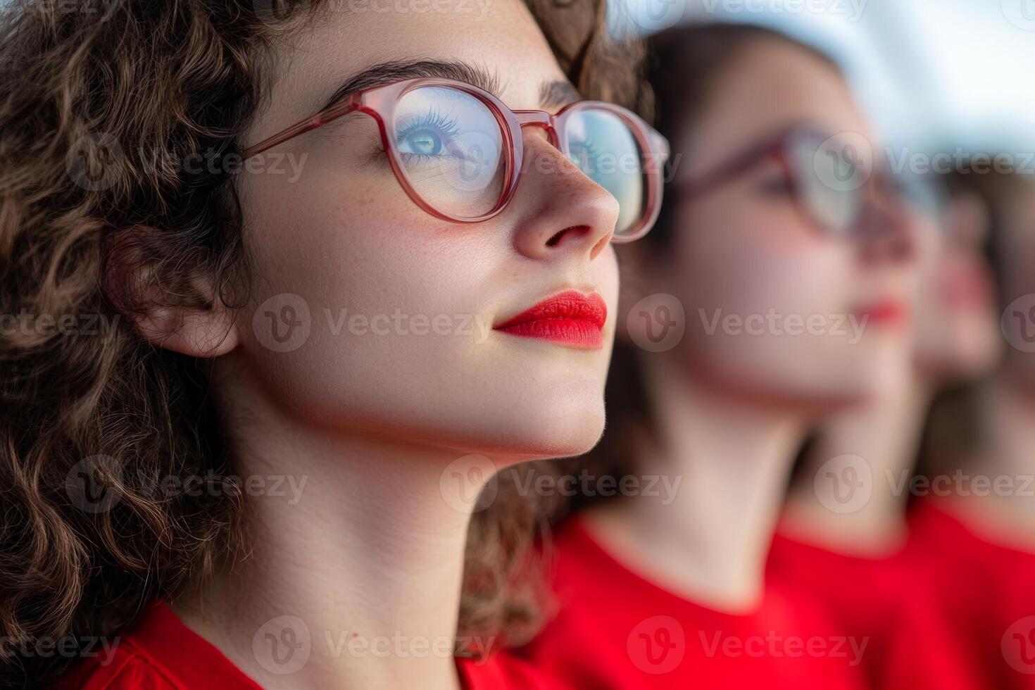 Young woman with curly hair and red lipstick gazes upward, attending an event with a group in matching red shirts photo