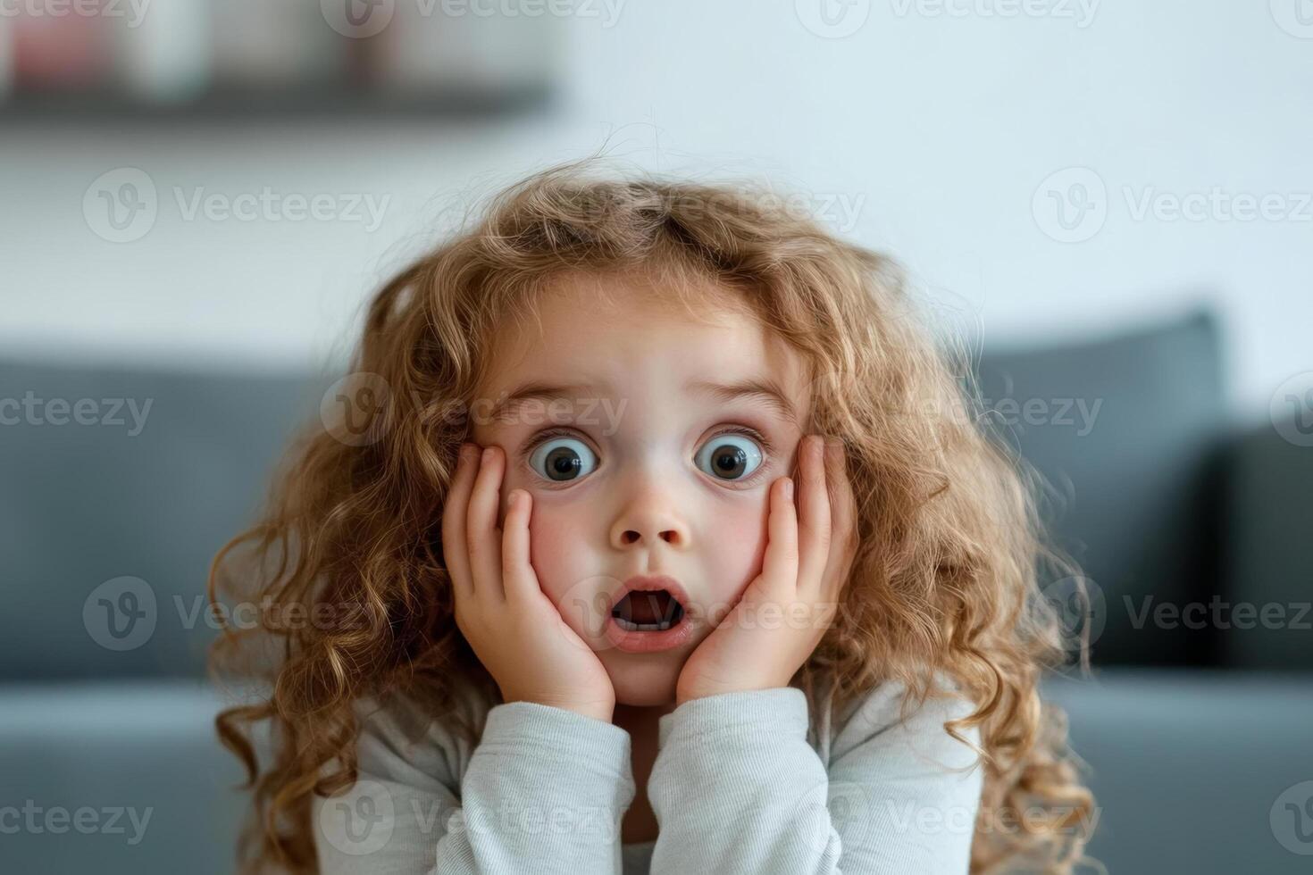 Young girl with curly hair expresses surprise while sitting indoors in a cozy living room, capturing a moment of astonishment photo