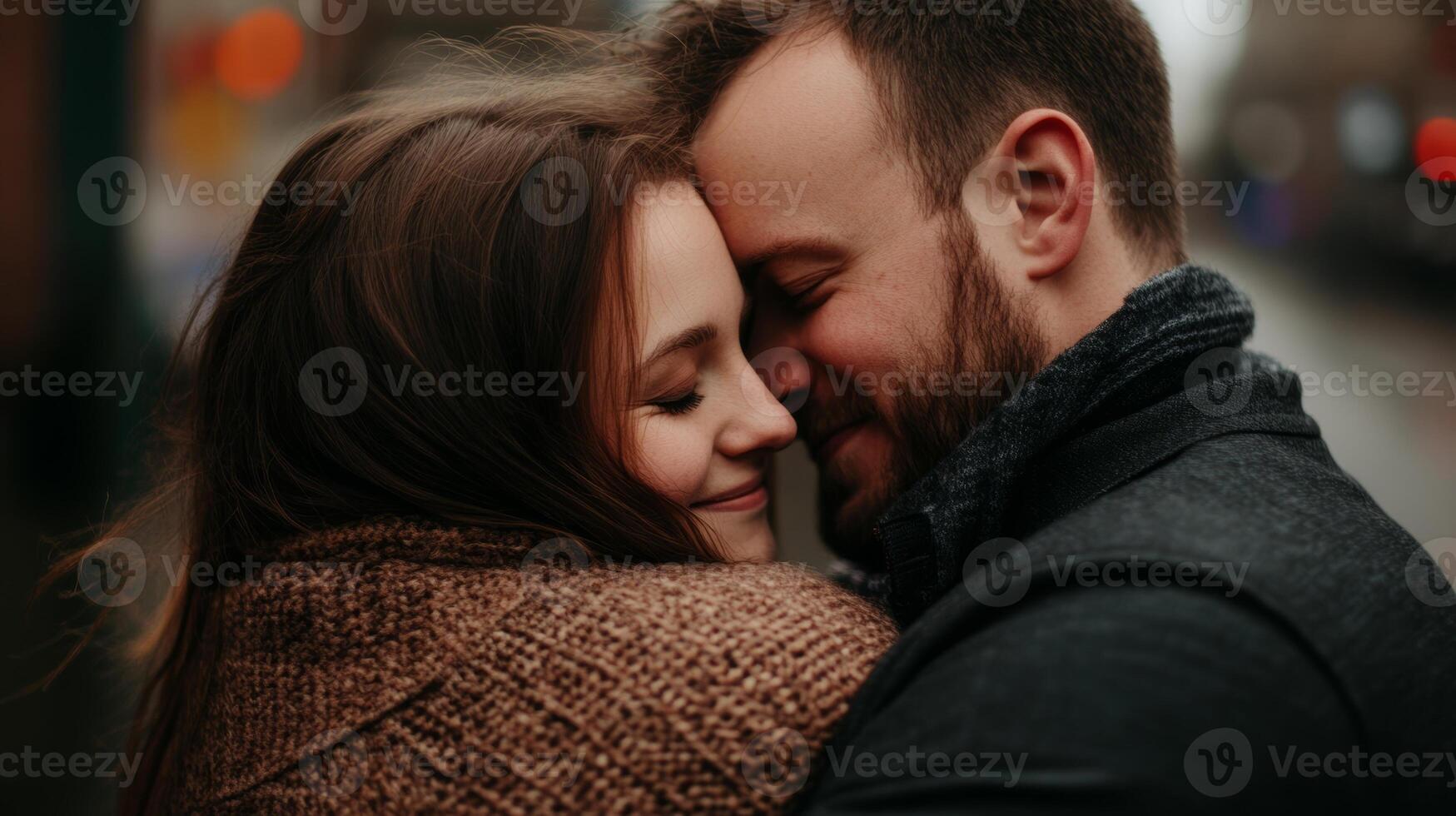 Couple sharing a warm embrace in a cozy urban setting during twilight in the heart of the city photo