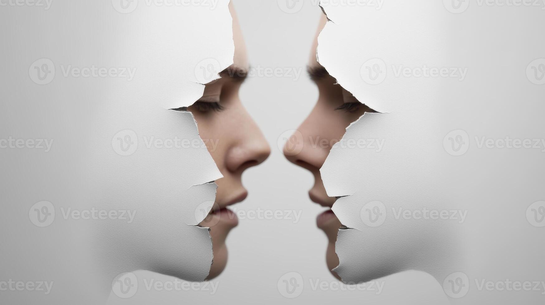 Two faces emerging from torn paper, symbolizing connection and intimacy in a minimalistic artistic representation photo