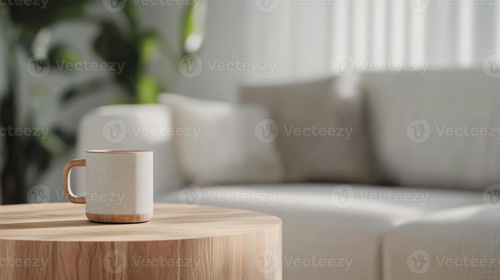 A cozy living room with a warm cup of coffee on a wooden table beside a comfortable sofa in soft afternoon light photo
