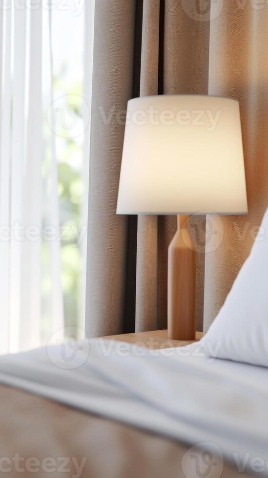 Cozy bedroom corner with a wooden lamp and soft white bedding in a sunlit setting, creating a peaceful atmosphere photo