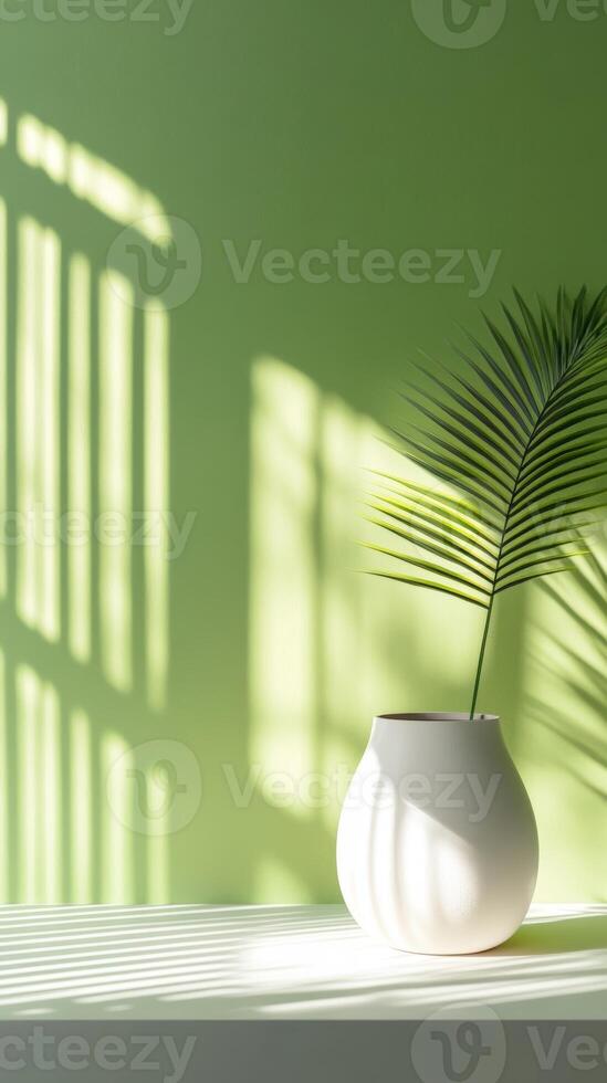 A minimalist white vase with a palm leaf against a soft green wall illuminated by natural light creating shadow patterns photo