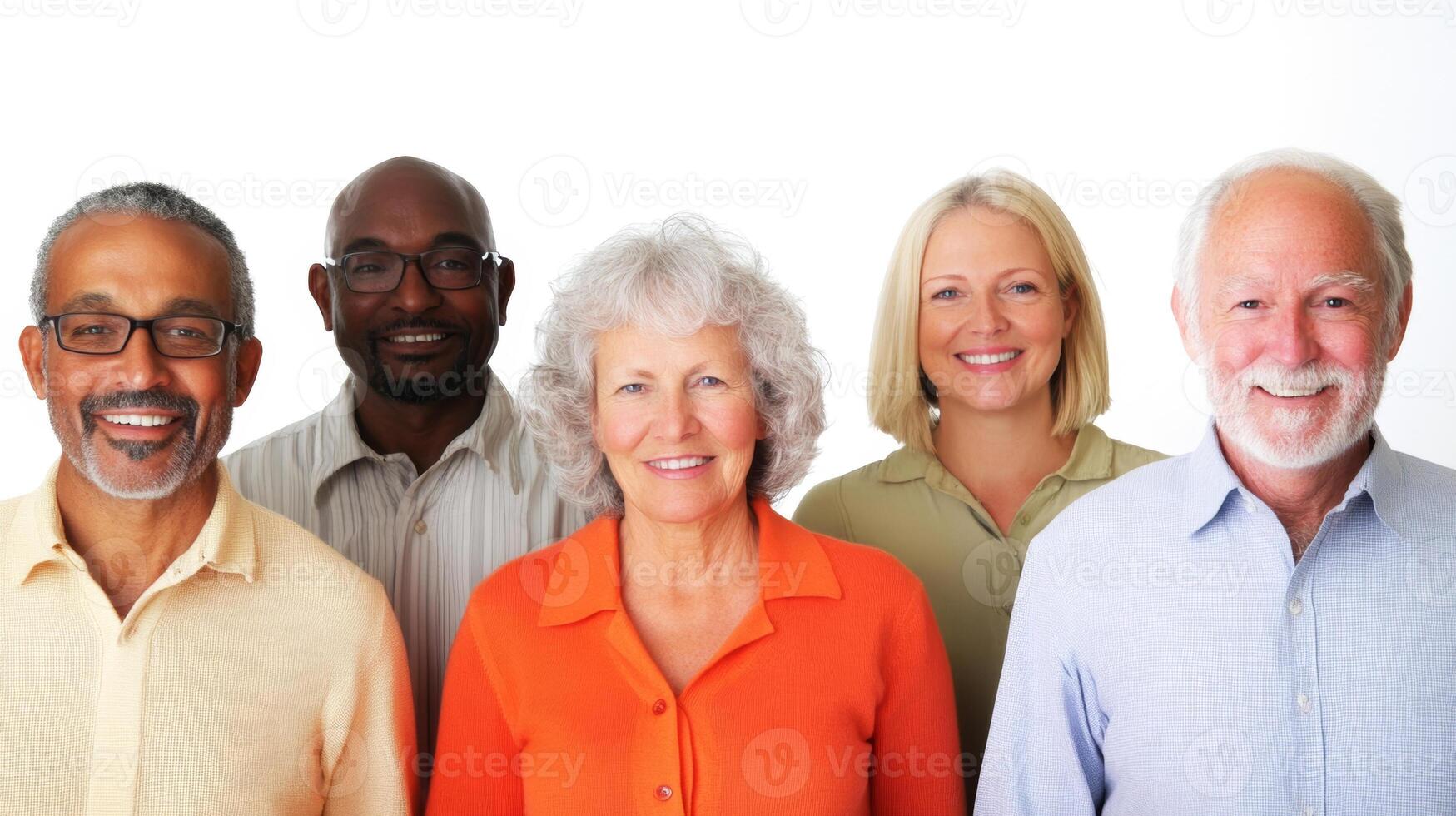 Group of diverse adults smiling together in a bright studio setting photo