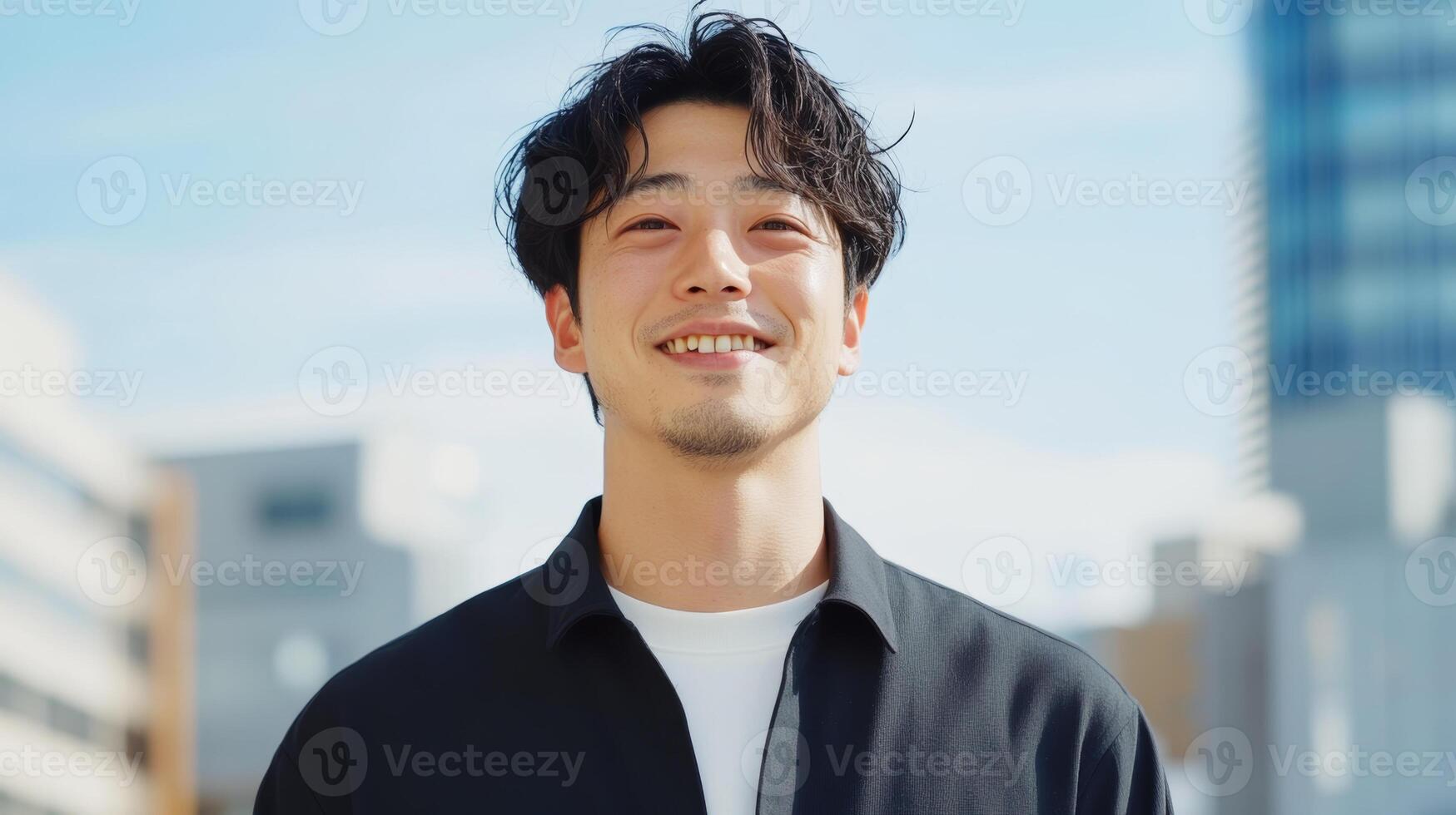 Young asian man smiling outdoors with a city skyline in the background during a sunny day photo