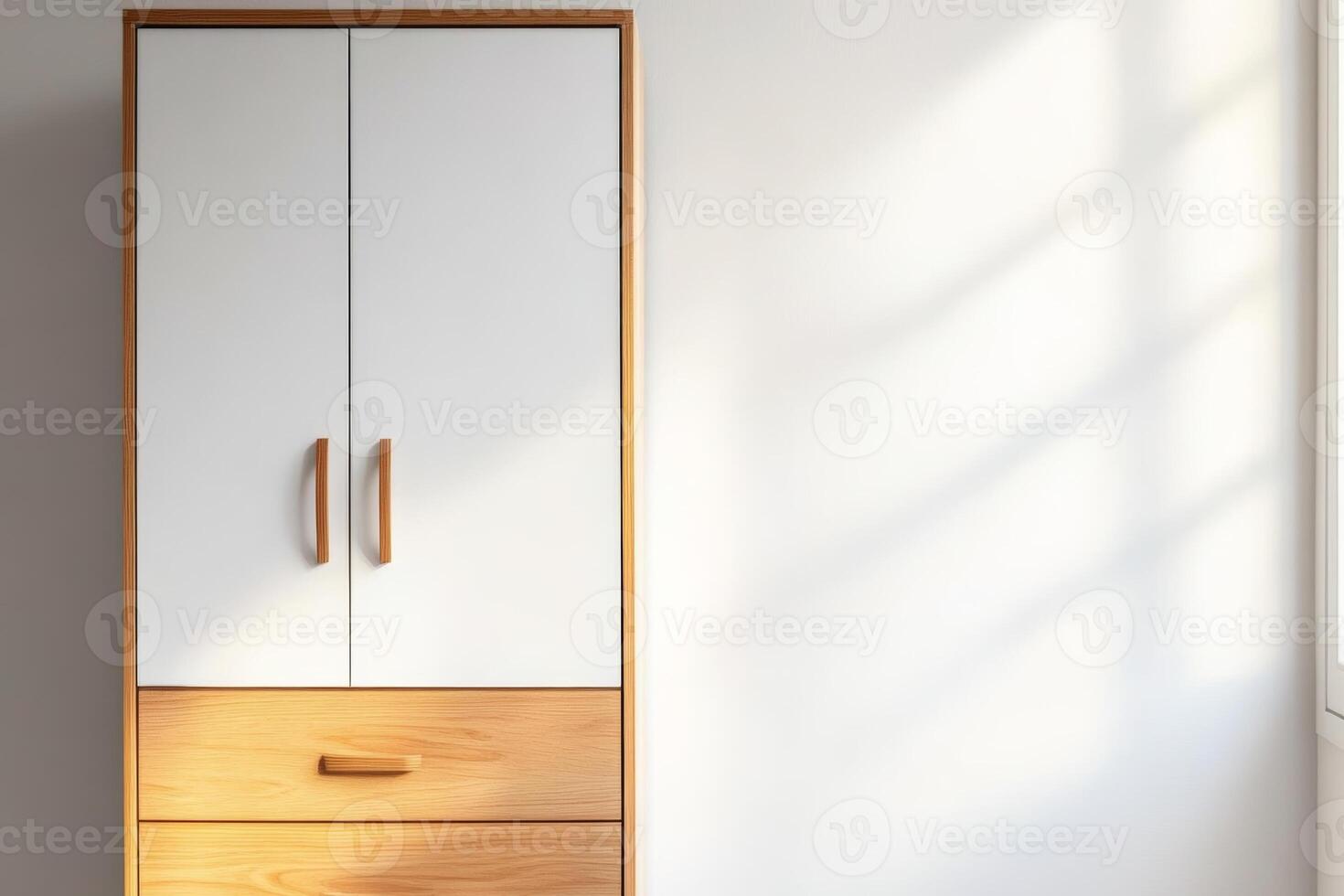 Modern wooden wardrobe with minimalist design in a bright room showcasing natural light and shadow effects photo