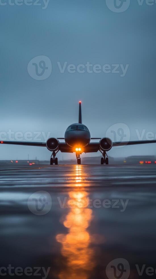 Airplane on the runway with lights reflecting in rain during twilight at an airport photo