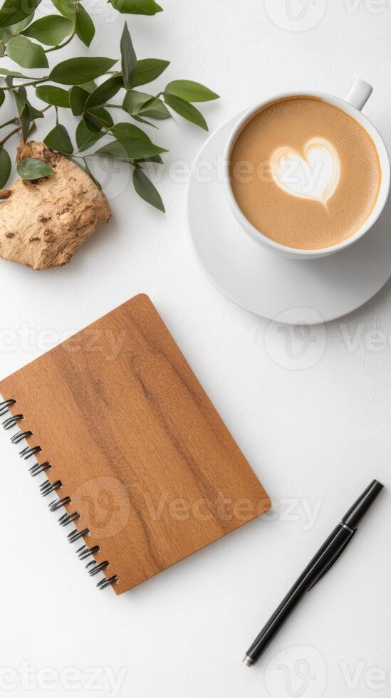 A cozy workspace featuring a cup of coffee with a heart design, an open notebook, and greenery on a clean white table photo