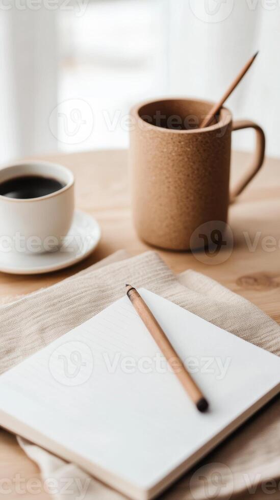 Cozy workspace with a notebook, pencil, and coffee cups on a wooden table in a soft morning light photo