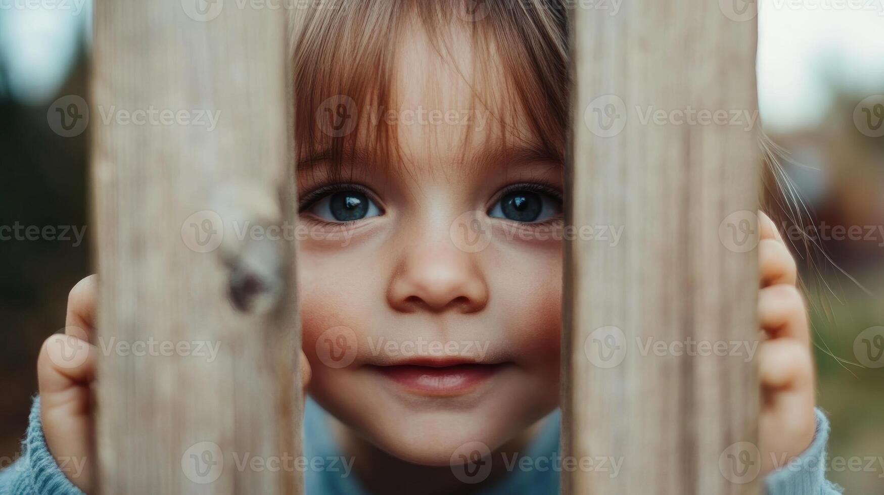 A young child peeking through wooden slats in a park during a sunny day in autumn, displaying curiosity and joy photo