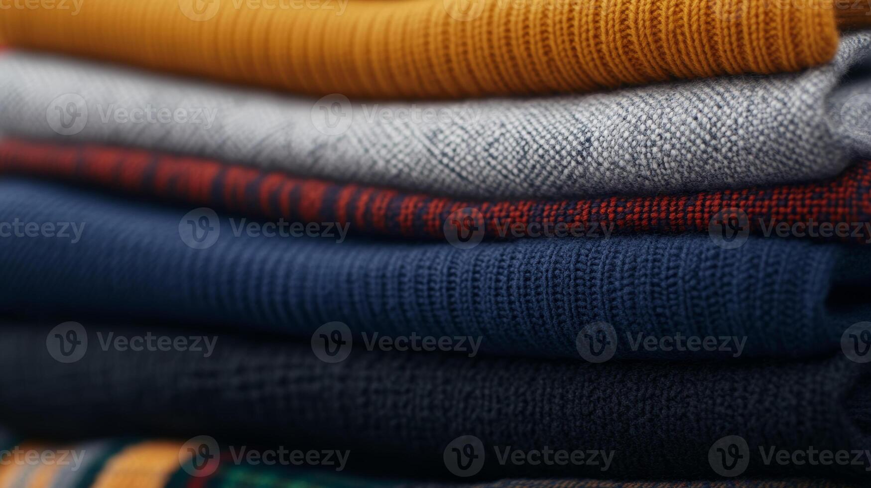Cozy and colorful stack of knitted sweaters displayed neatly on a table in a warm indoor setting during autumn photo