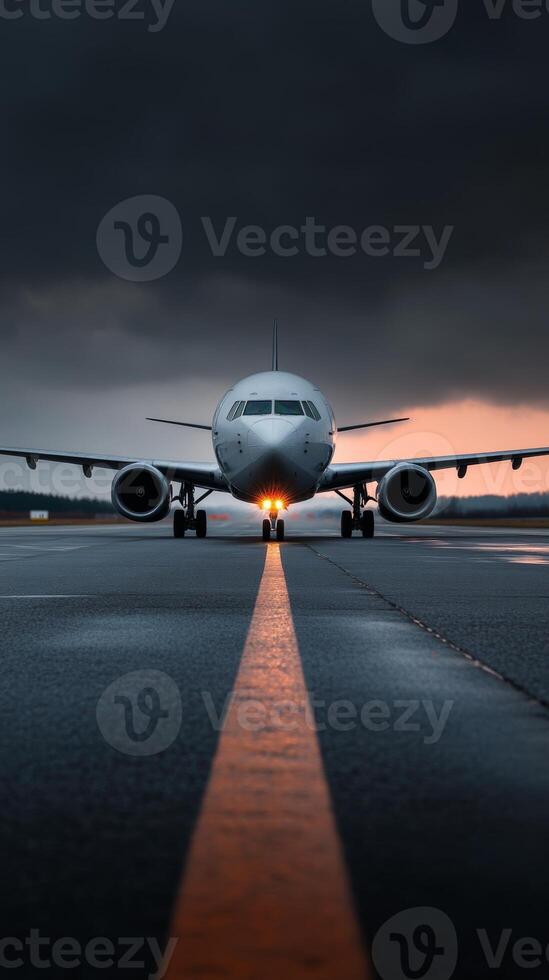 A commercial airplane prepares for takeoff on a wet runway under a dramatic cloudy sky at dusk photo