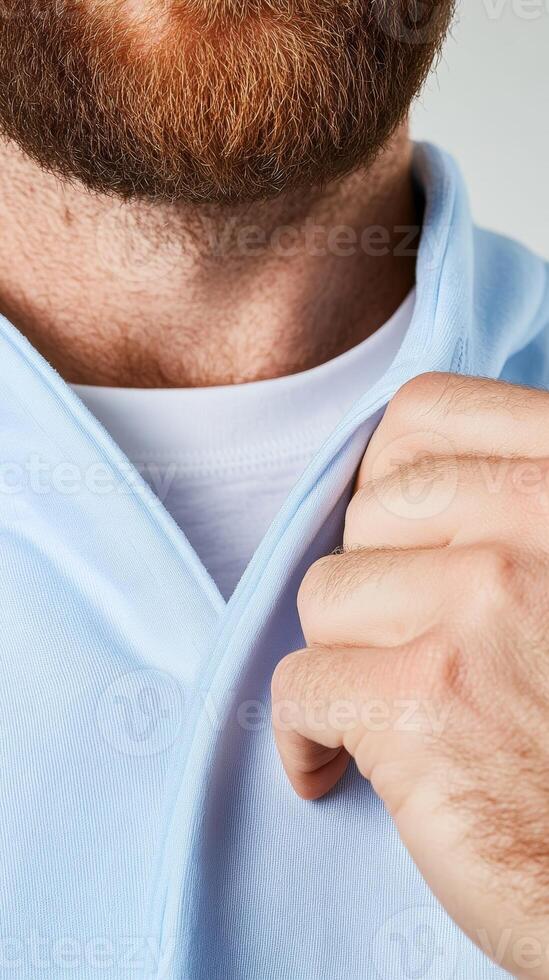 Man adjusting his collar in a light blue hoodie indoors photo