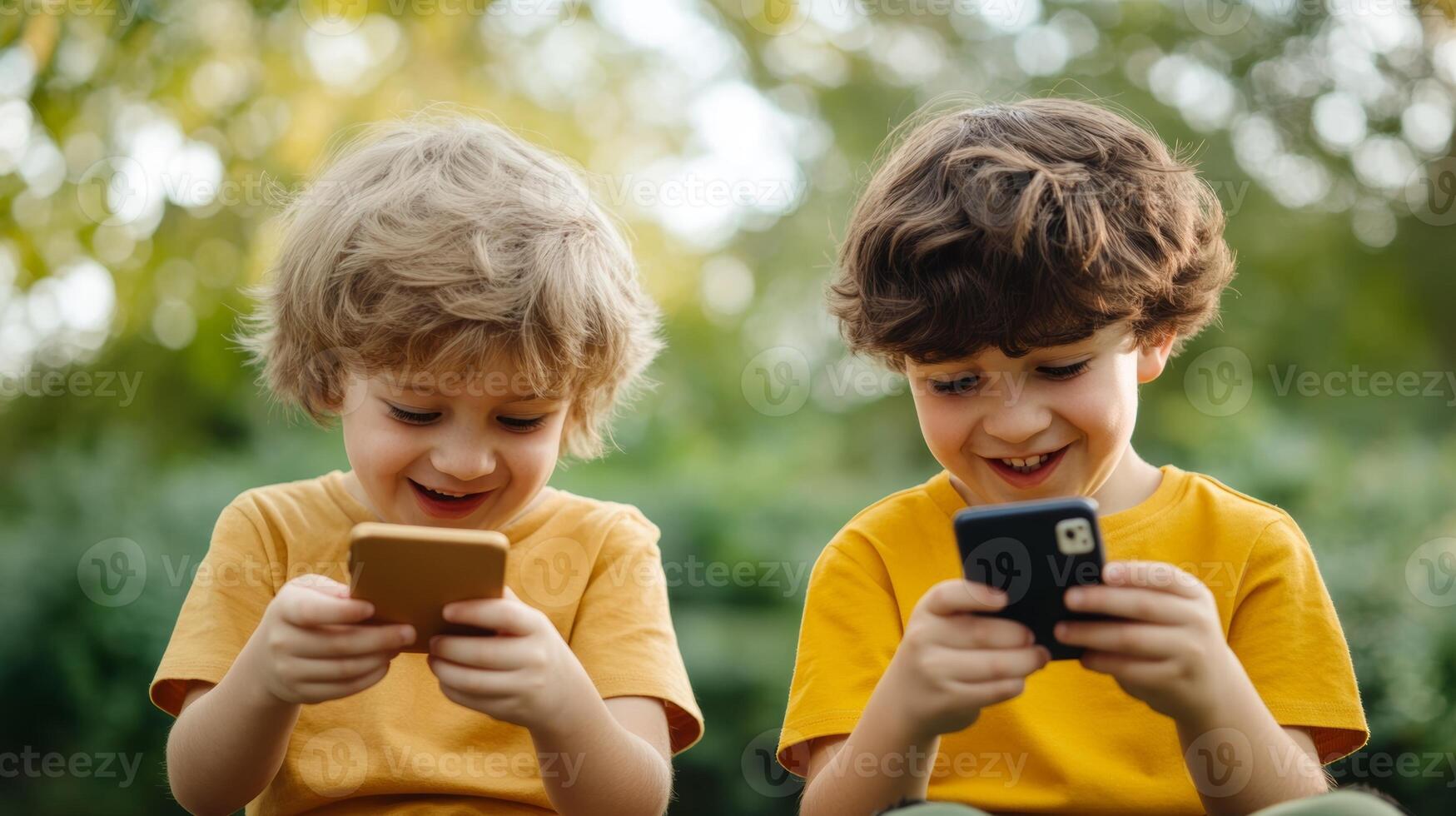 Two young boys in matching yellow shirts enjoying their smartphones while sitting on a park bench during a sunny afternoon photo