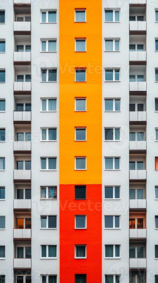 Colorful apartment facade featuring vibrant orange and red stripes in an urban setting with multiple residential balconies photo