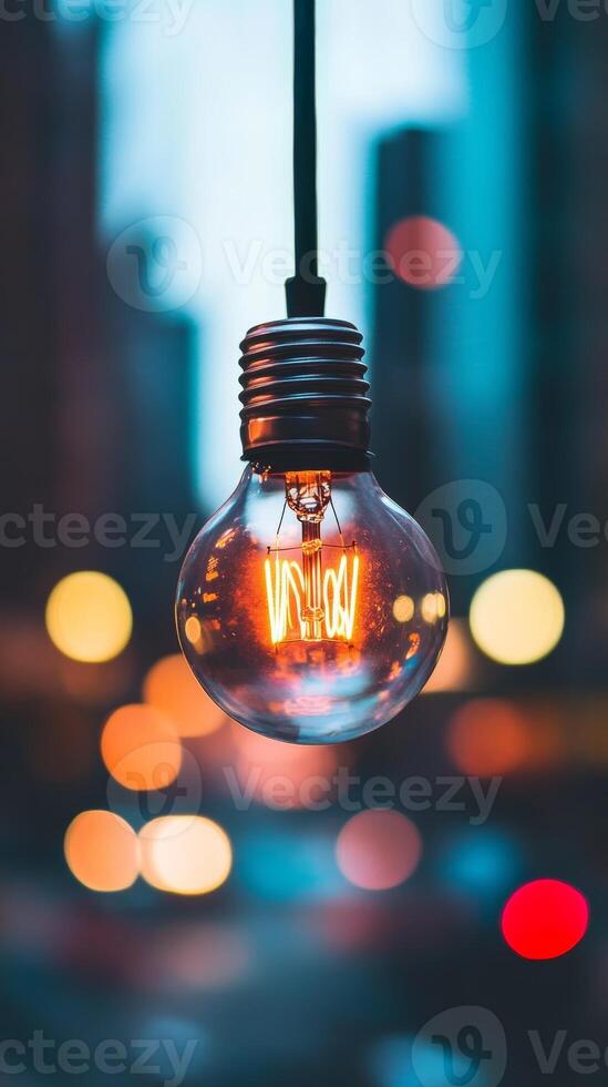 Beautiful glowing light bulb hanging against a blurred city backdrop during twilight with vibrant bokeh effects photo
