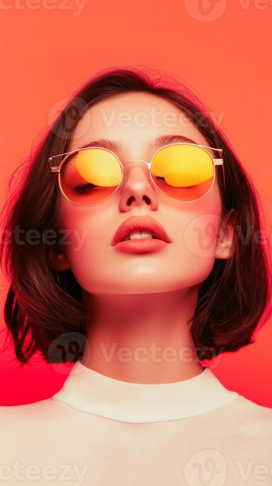 Young woman poses confidently against a bright orange background while wearing stylish yellow sunglasses and a white top photo