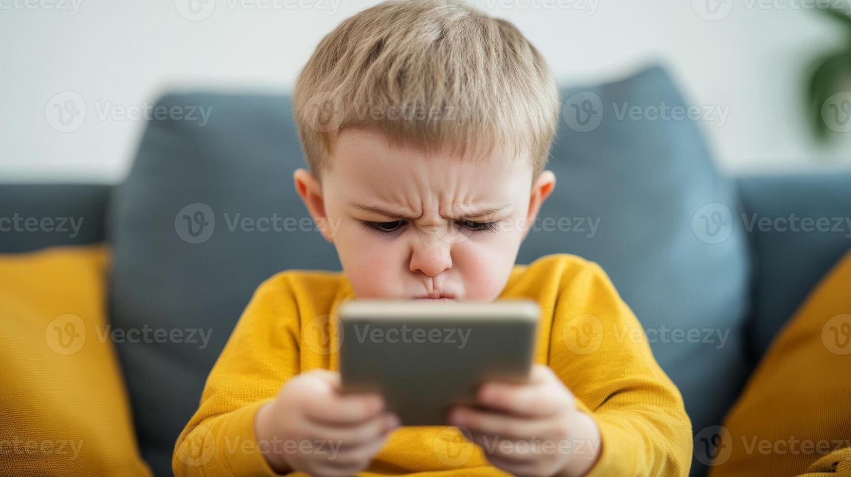 Young boy looking frustrated while playing on a smartphone in a cozy living room during the afternoon photo