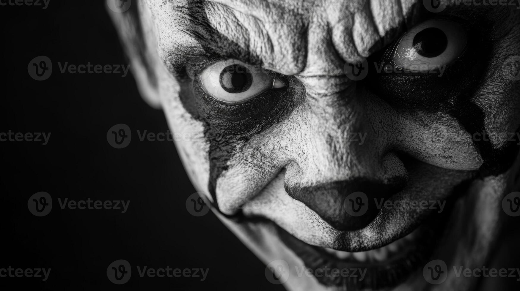 A close-up view of a sinister clown with exaggerated makeup during a nighttime performance, showcasing a menacing expression photo