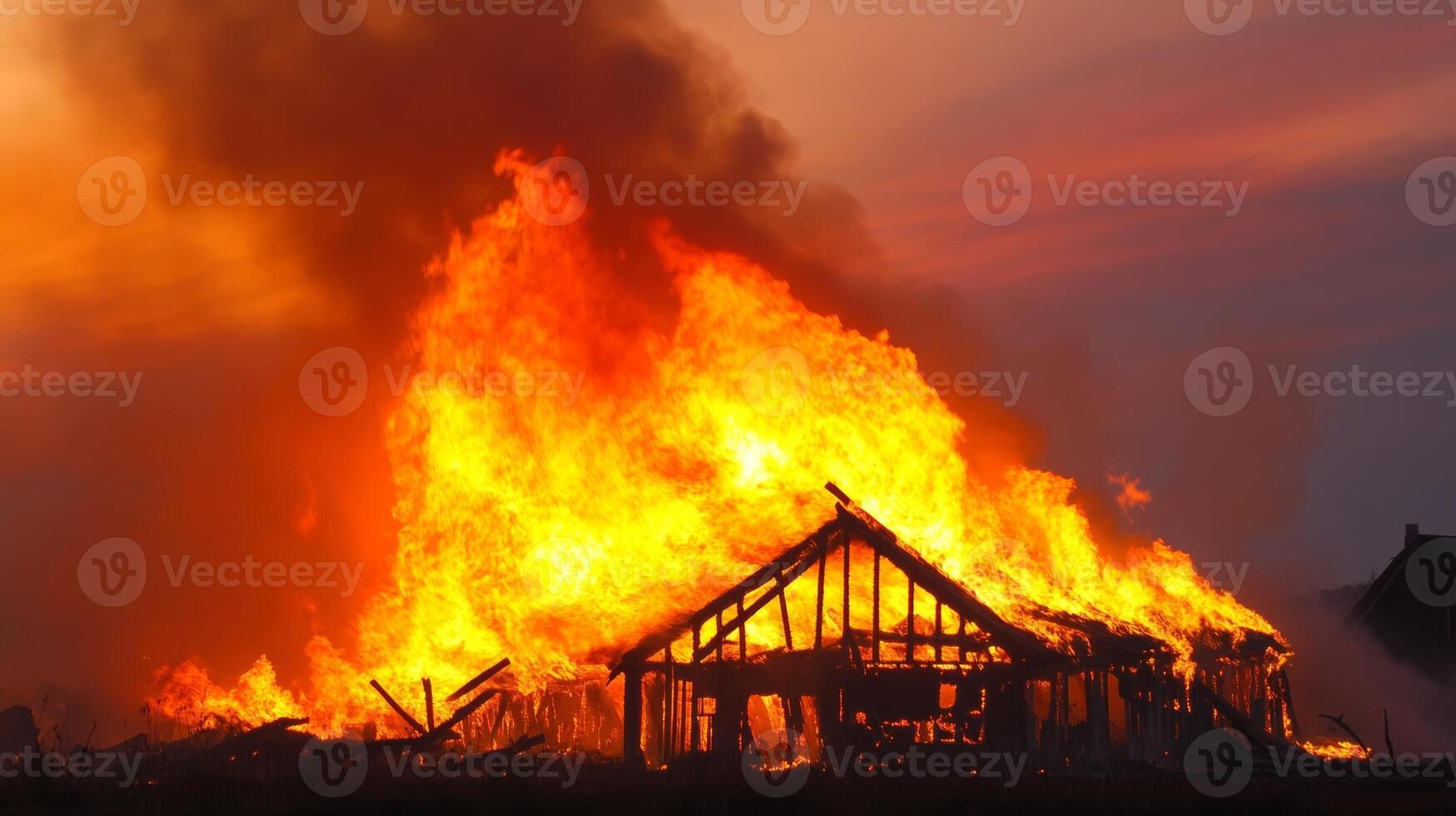 Large flames engulf a wooden structure at sunset, creating a dramatic scene of destruction and smoke rising into the sky photo
