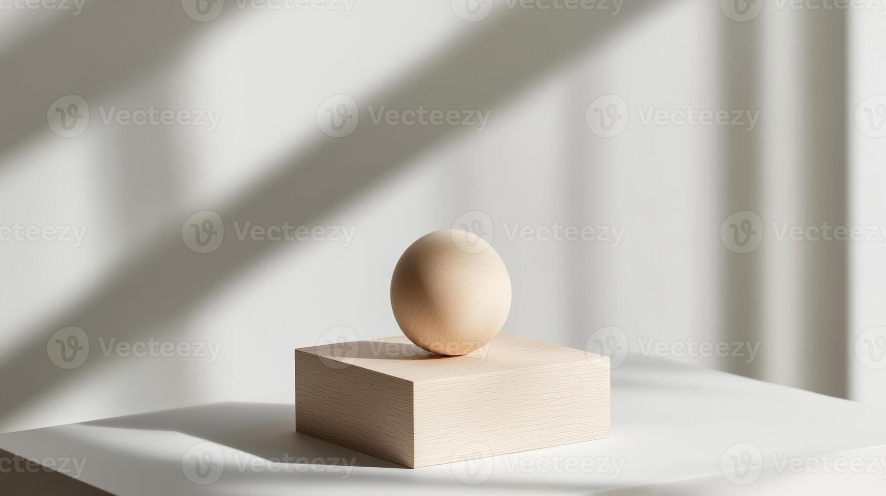 A simple sphere balanced on a wooden block illuminated by soft sunlight photo