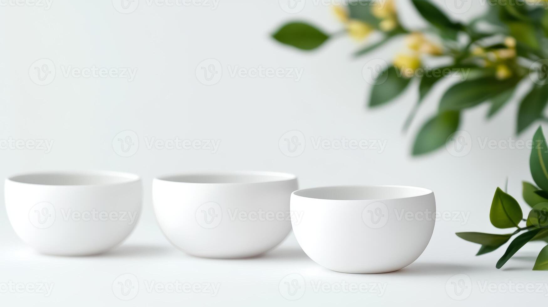 Three elegant white bowls arranged on a light surface next to fresh greenery and delicate flowers in a serene setting photo