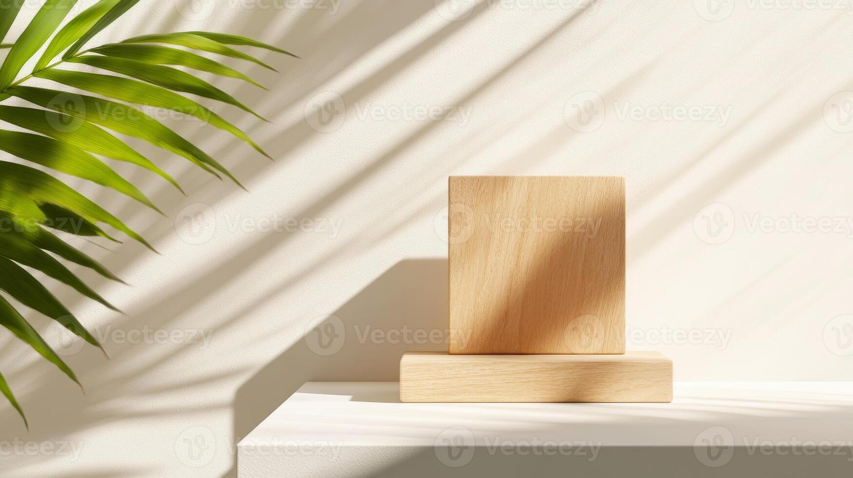 Minimalist wooden display block with shadows from tropical leaves in a serene indoor setting during daylight photo